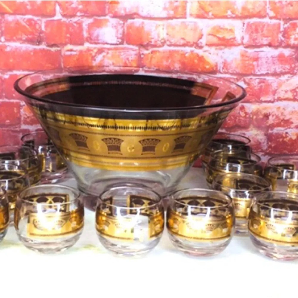 Vintage MCM Culver 13 Piece 22 K Gold Wheat Pattern Art Deco Punch Bowl Set